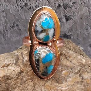 Southwestern Turquoise White Buffalo Ring Size 8 Double Stone Solid Copper
